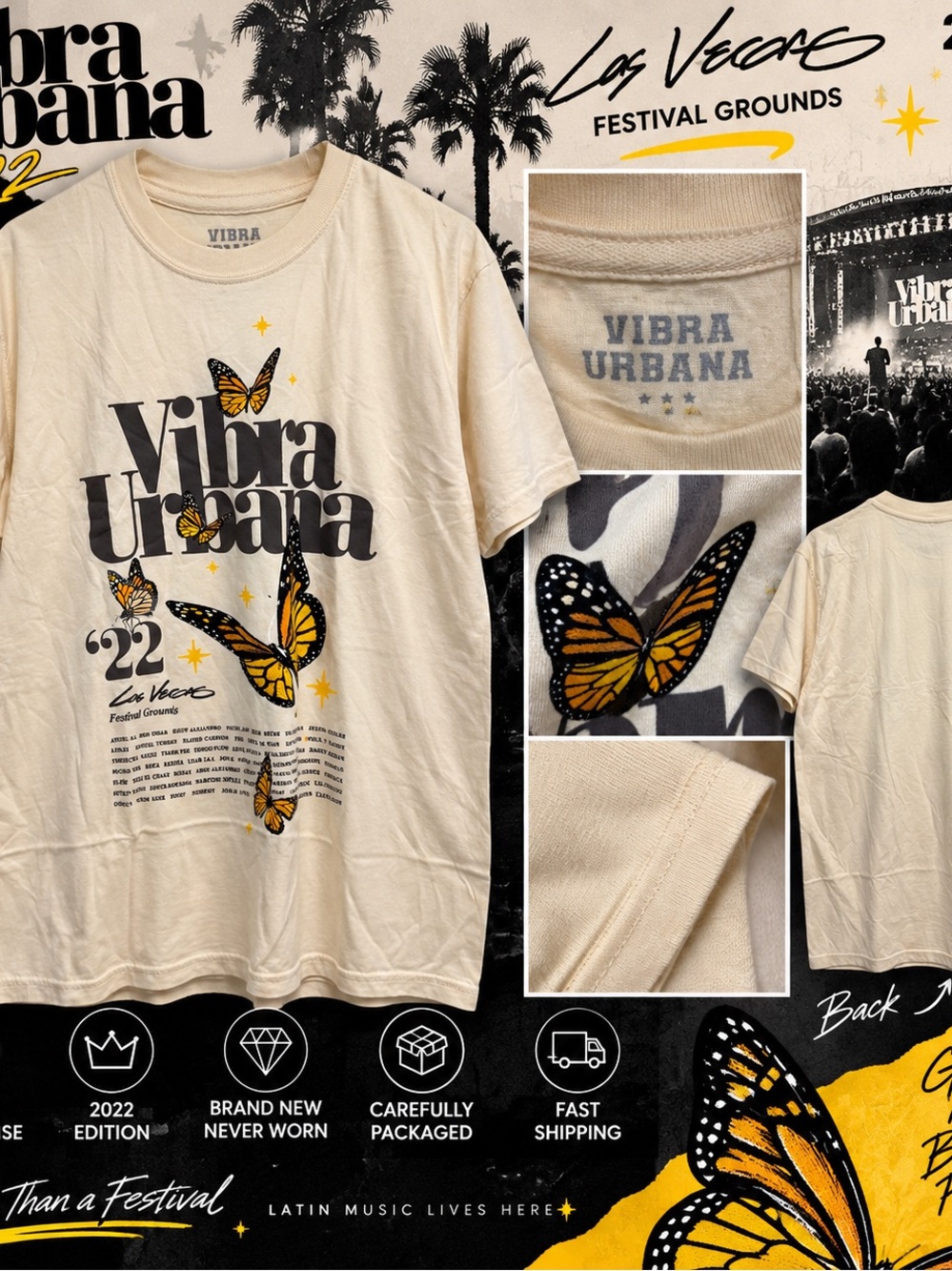 Vibra Urbana 2022 Butterfly Tee Light Yellow Size L NEW Festival Grounds
